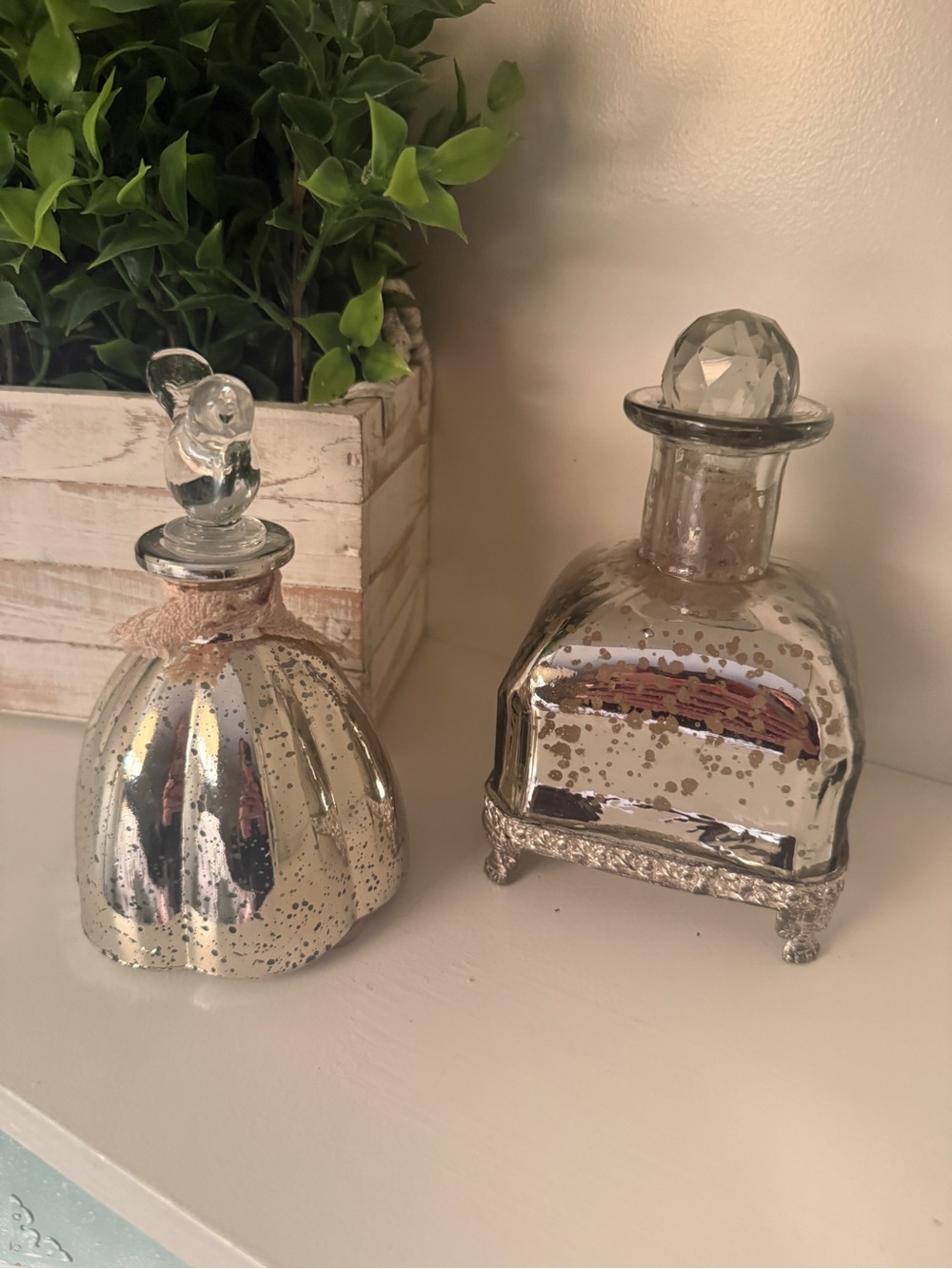 Mercury Glass Decorative Bottles Bird & Crystal Stoppers Cottage Decor